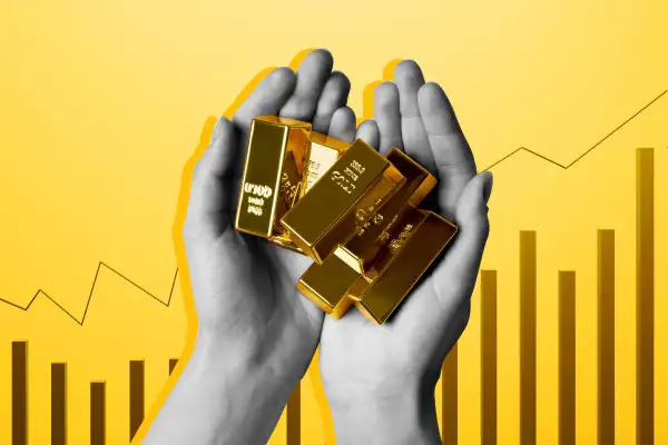 Photo collage of two hands holding multiple gold bars with an investing chart in the background