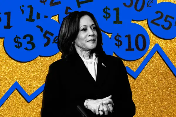 Photo Collage of Kamala Harris with price stickers in the background and gold glitter