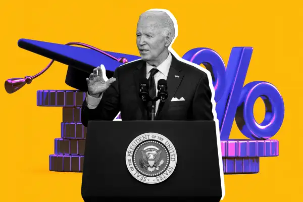 Photo collage of President Joe Biden, with a graduation cap, coins and percentage sign in the background