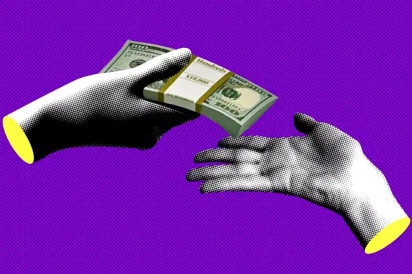 Photo Illustration of a hand passing a stack of dollar bills to another hand