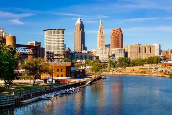 Cleveland, Ohio from the south shows the iconic skyline under a blue sky