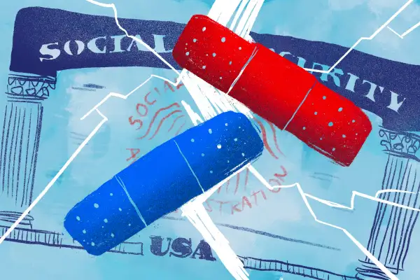 Illustration featuring a broken social security system being fixed with blue and red band-aids