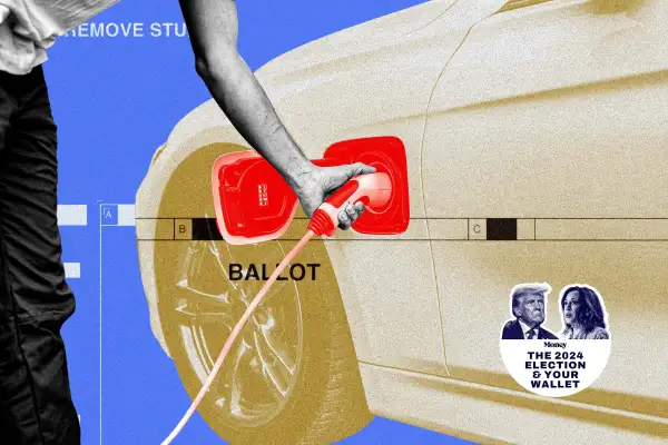 Photo-illustration of a voting ballot, and someone charging an electric vehicle