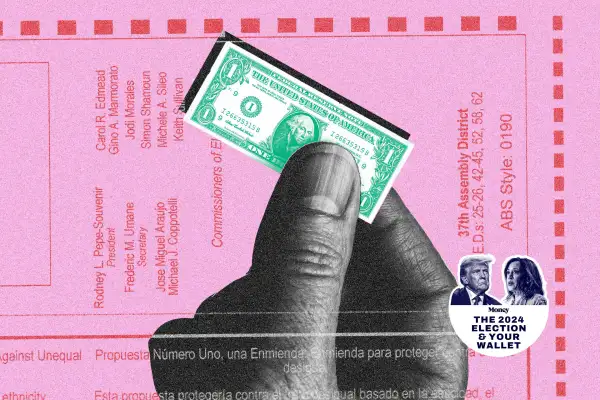 Photo-illustration of a voting ballot and a hand holding a tiny dollar.