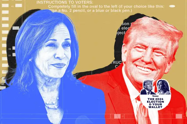 Photo-illustration of a voting ballot, Kamala Harris, and Donald Trump