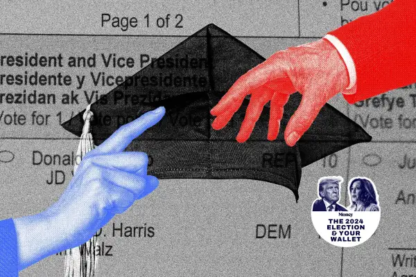 Photo-illustration of a voting ballot, graduation cap, and two hands reaching out.