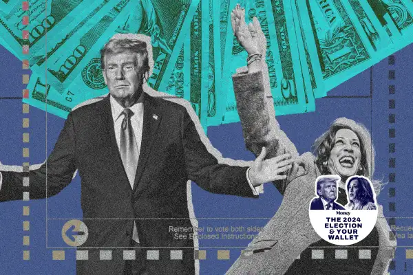 Photo-illustration of a voting ballot, Trump, Harris, and money.