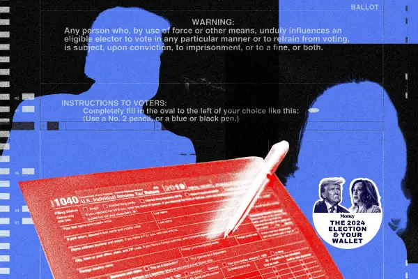 Photo-illustration of a voting ballot, tax form, and silhouettes of Trump and Harris.