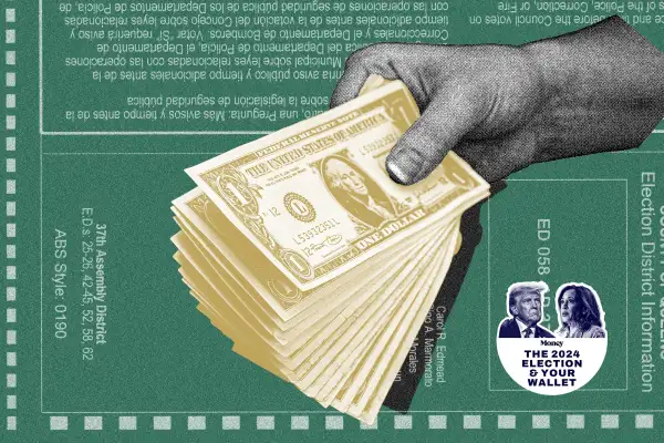 Photo-illustration of a voting ballot and a hand holding cash