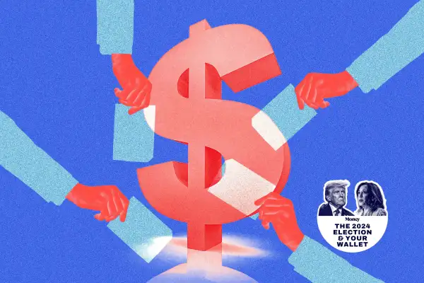 Photo-illustration of a money sign with hands reaching out with ballots