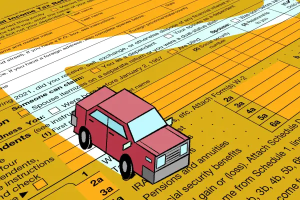 Illustration of a car driving around a tax form