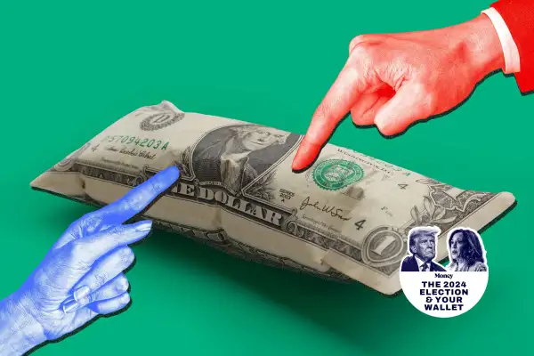 An inflated dollar bill with red and blue fingers poking at it