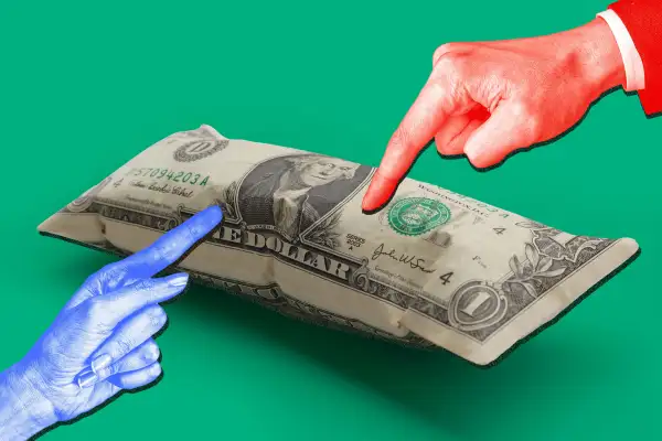 An inflated dollar bill with red and blue fingers poking at it