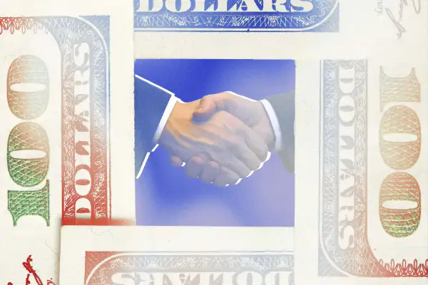 Photo-illustration of a handshake with a 100 dollar bill border with red, white, blue gradients.