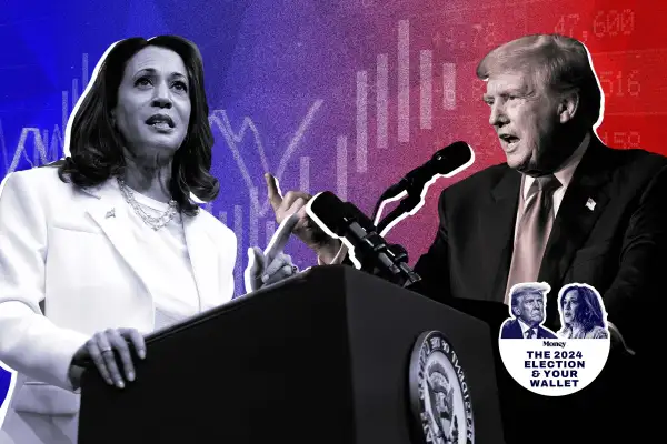 Photo collage of Kamala Harris and Donald Trump speaking at podiums with stock chart in the background