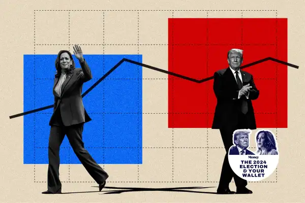 Photo collage of presidential Candidate Kamala Harris and Donald Trump with a stock market arrow in the background