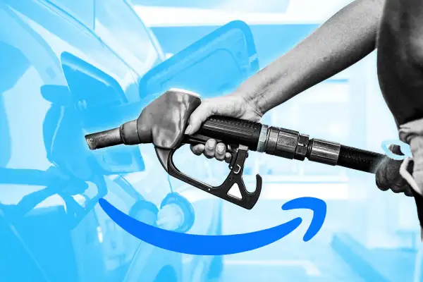 A person pumping gas and the amazon logo