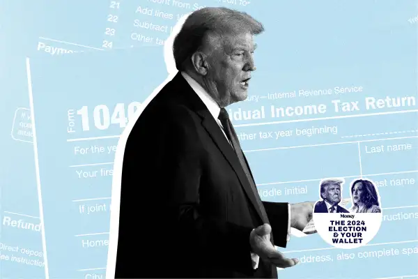 Photo Collage of Donald Trump with a 1040 Tax form in the background