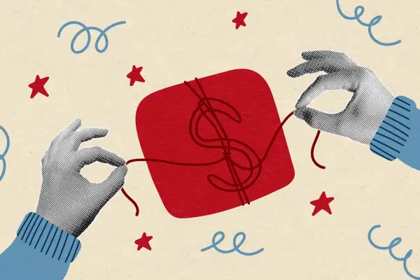 Illustration of hands wrapping up a holiday gift making a giant $ dollar sign with the bow