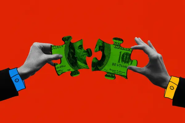 Photo Illustration of two hands putting two puzzle pieces together, that form a hundred dollar bill image