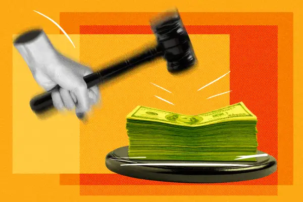 Photo Collage of a hand, in motion, holding a gavel about to hit a stack of hundred dollar bills