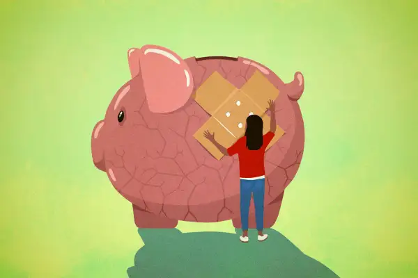 Illustration of a woman placing bandage over cracked piggy bank