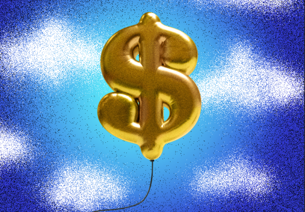 Photo illustration of a dollar sign gold ballon in the sky