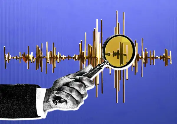 Photo-illustration of a graph made of gold bars, and someone studying it with a magnifying glass