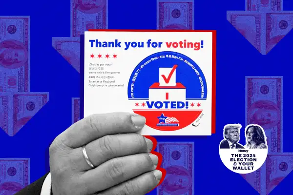 Photo collage of a hand holding a  I Voted Sticker  for the 2024 election, with money in the background