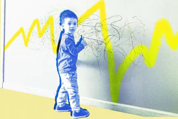 Photo-illustration of a little kid drawing on the wall, with stock graph lines behind him.