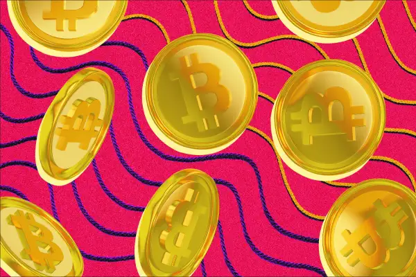 Photo Illustration of Bitcoin coins with string in the background