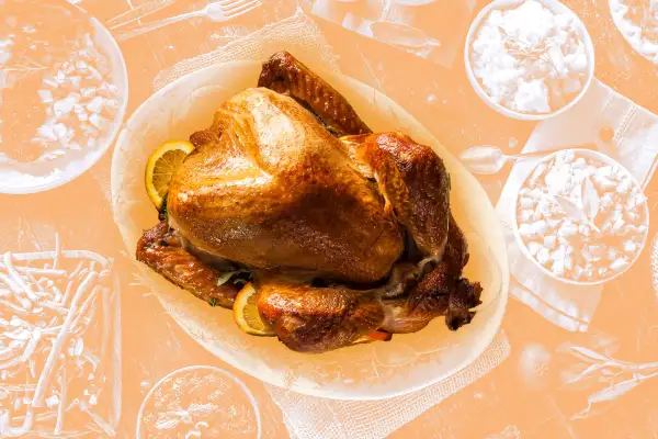 Photo-illustration of a turkey on a thanksgiving table