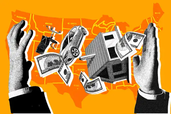 Photo-illustration of a United States map in the background with hands, a house, money, and a car in the foreground.