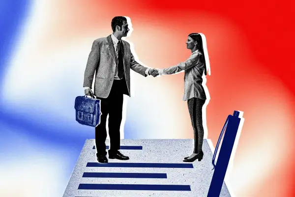 Photo-collage of two business people shaking hands with a red, white, and blue gradient in the background.