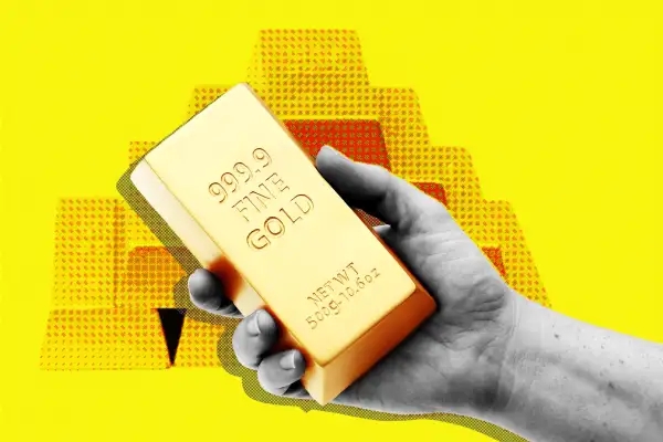 Hand golding a bar of gold with yellow background; graphic