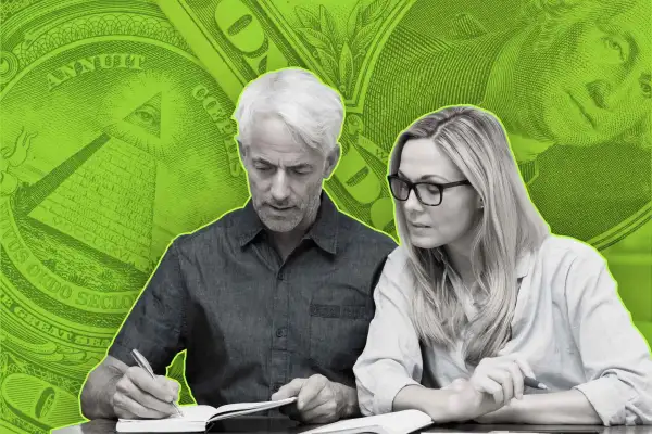 Man and woman looking at papers, with green money as the background