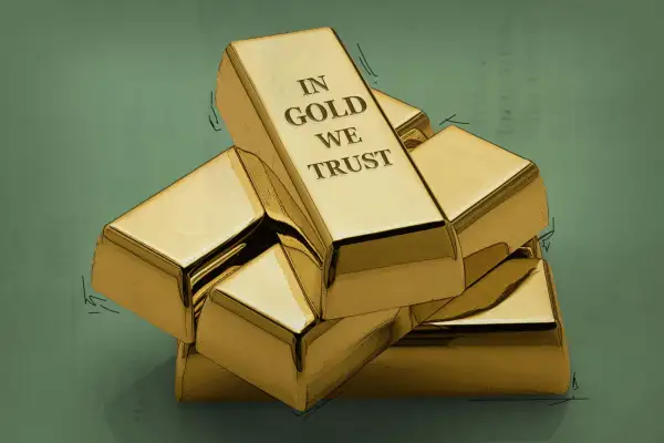 Gold bars with  In Gold We Trust  labeled on top bar; green background