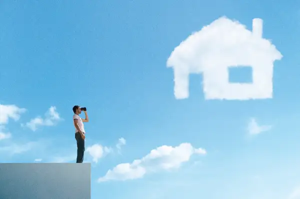 Photo collage of a man using binoculars to look up at the sky with a cloud shaped like a house