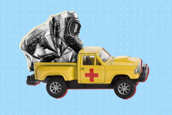 Photo-illustration of a medical pick-up truck with crumpled money in the bed.