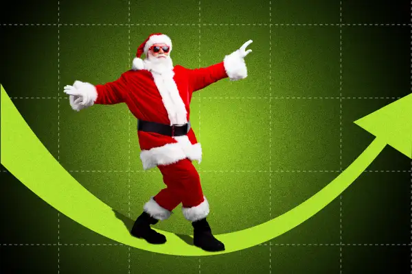 Photo collage of a Santa Claus surfing an ascending arrow on a stock chart