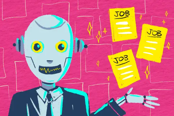 Illustration of an AI depicted as a robot finding lots of jobs for you