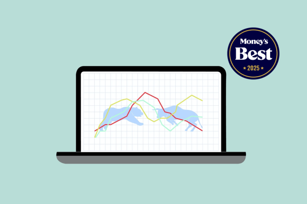 Illustration of a computer with a bear and a bull facing each other over a stock market chart