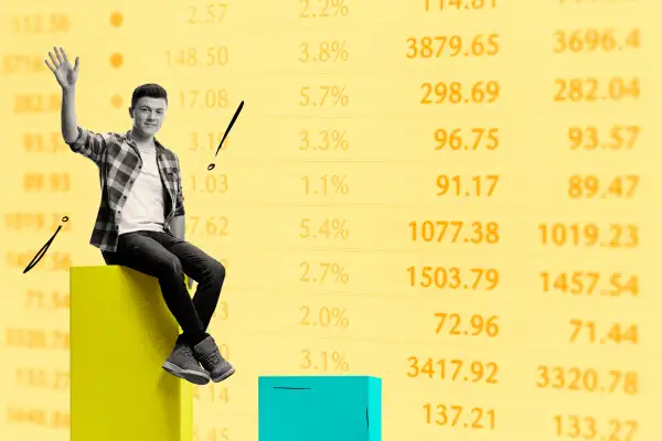 Photo collage of a teenager sitting on a column, from a graph stock chart