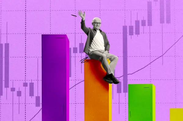 Photo collage of a fifty year old man sitting on a column, from a graph stock chart