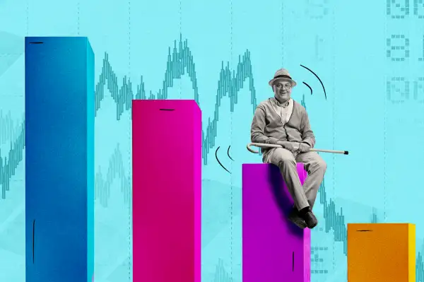 Photo collage of a Senior man sitting on a column, from a graph stock chart