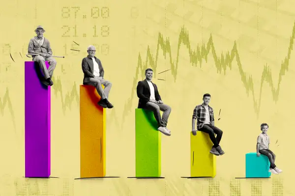 Photo collage of Men sitting on columns from a graph chart from youngest to eldest