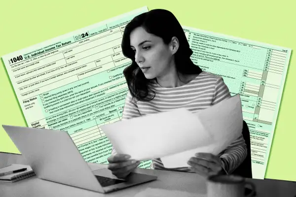 Photo collage of a woman looking over sheets of paper while using her laptop, with a 1040 tax form in the background