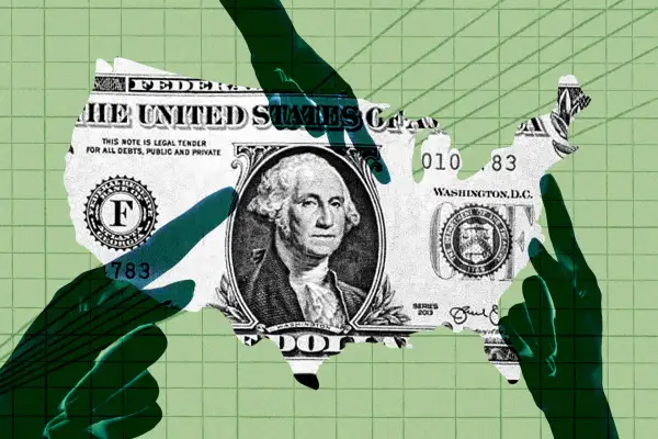 Dollar bill in the shape of the United States with fingers pointing