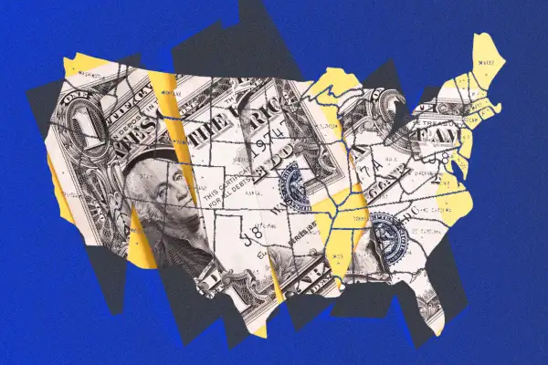 Map of the United States with cut up money inside