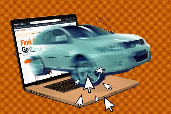 Photo collage of a laptop showing the Amazon.com homepage, with a car driving out of the screen.